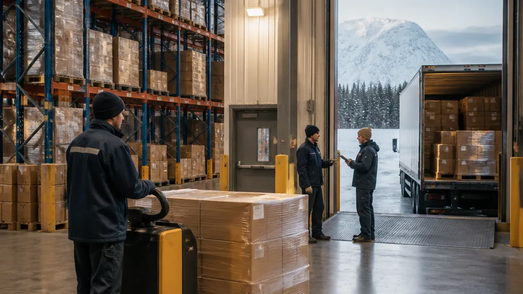 Warehouse staff coordinating pallet inventory at a Canadian distribution centre