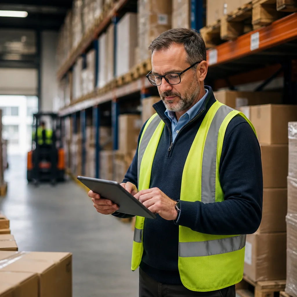 Warehouse operator reviewing regional inventory allocations on a tablet