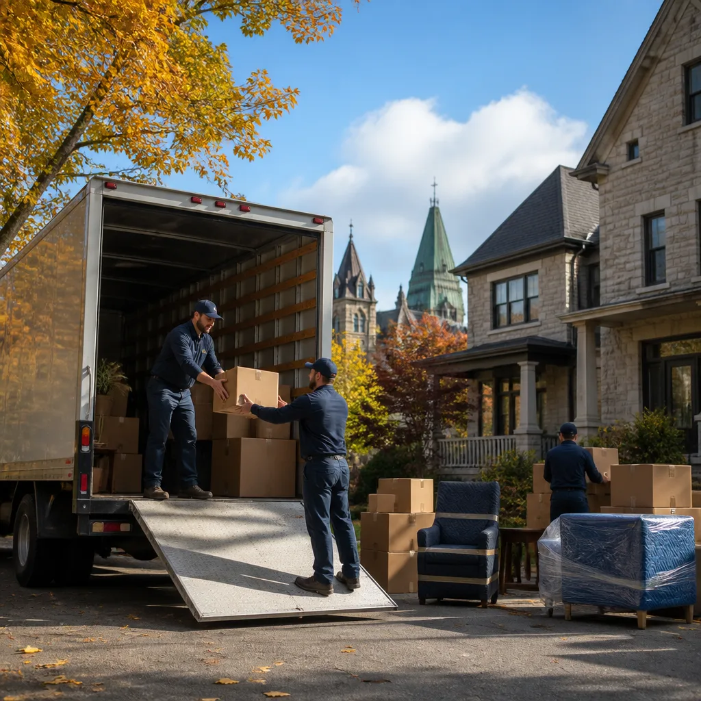 A carefully organized Ottawa kitchen packing day with labelled moving boxes and protective materials