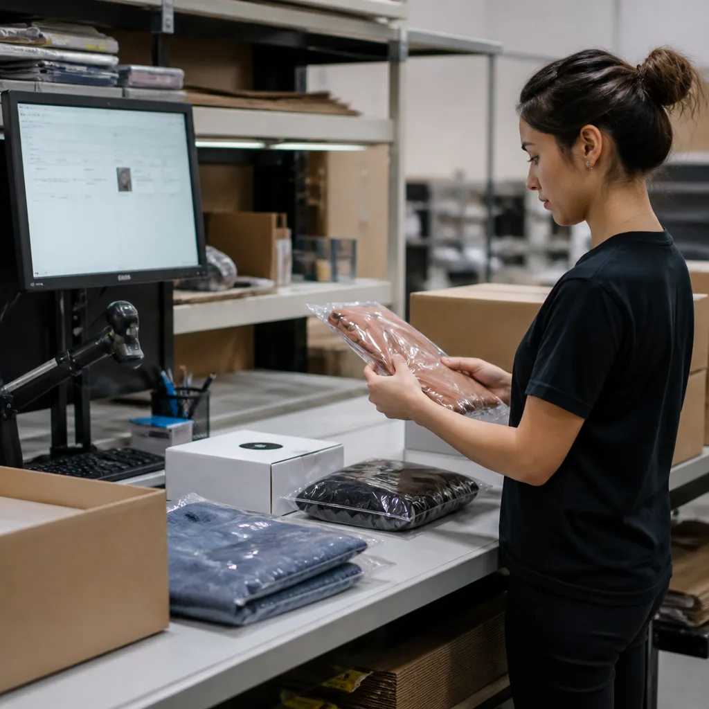 Fulfillment worker verifying picked products at a clean packing station