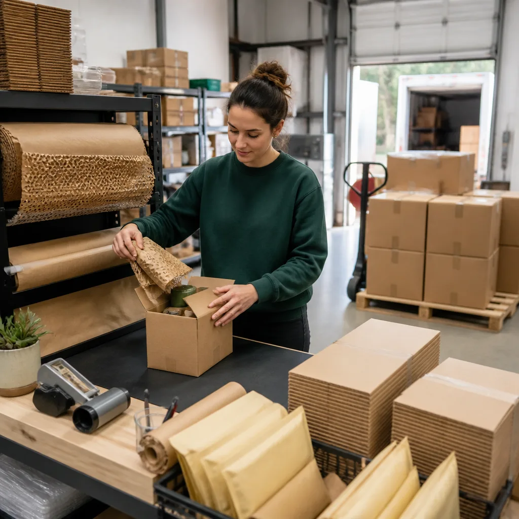 Order packed in a right-sized protective carton at a fulfillment workbench