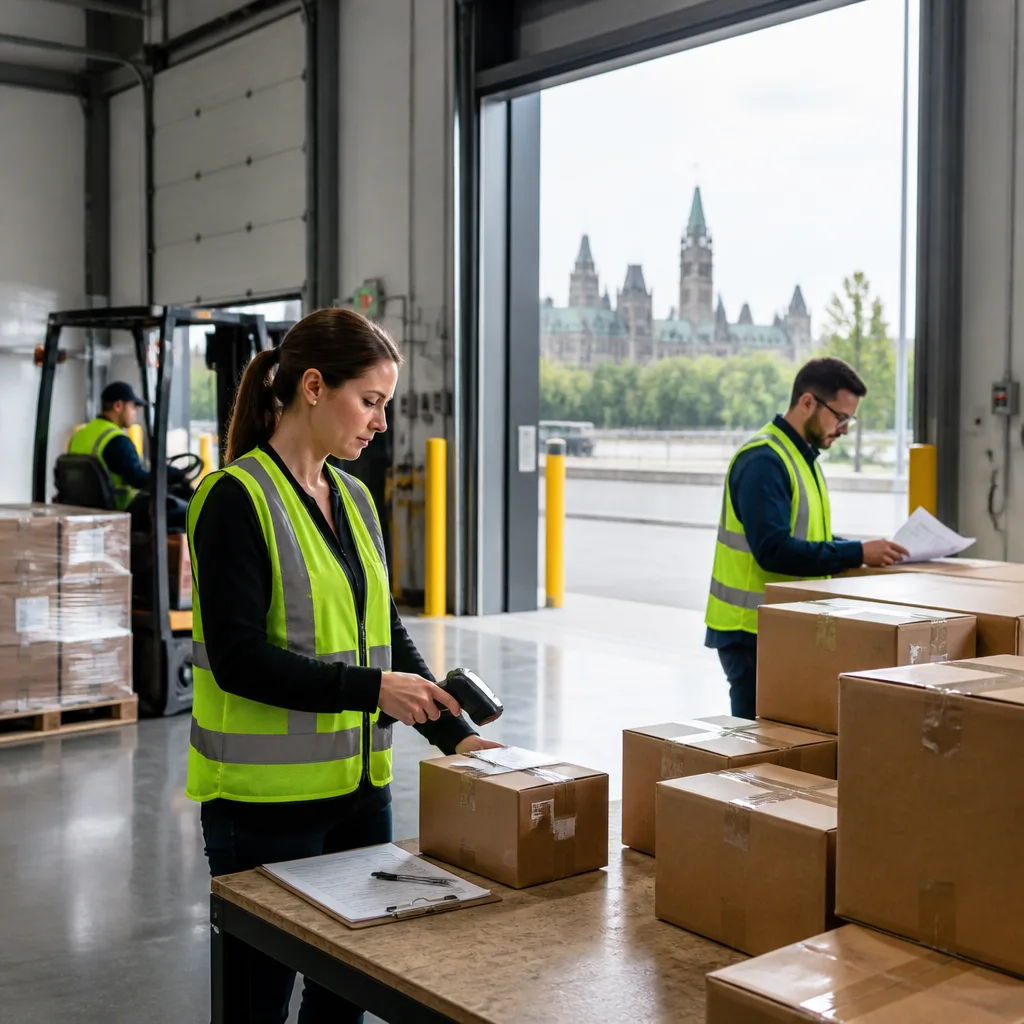 Warehouse team receiving cartons and scanning item barcodes at a dock
