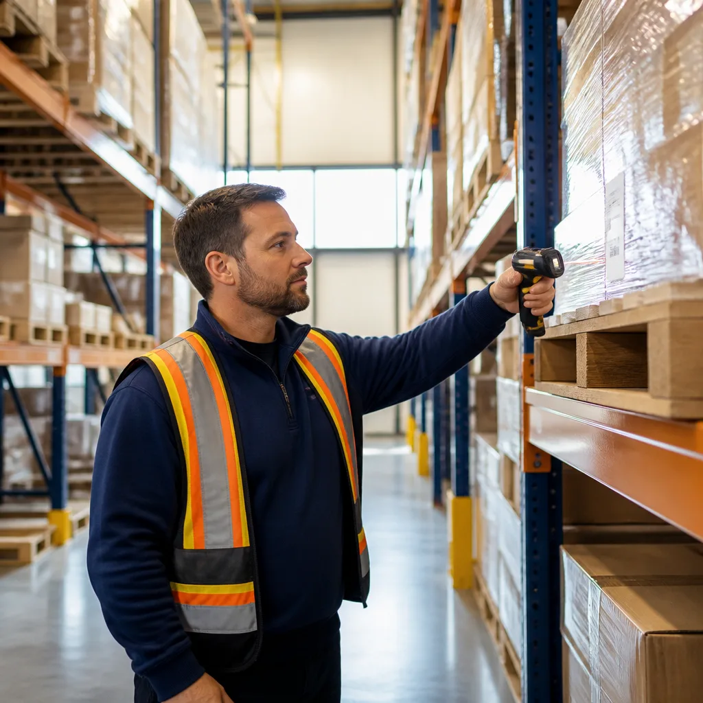 Warehouse operations lead scans an inventory location in a modern distribution centre